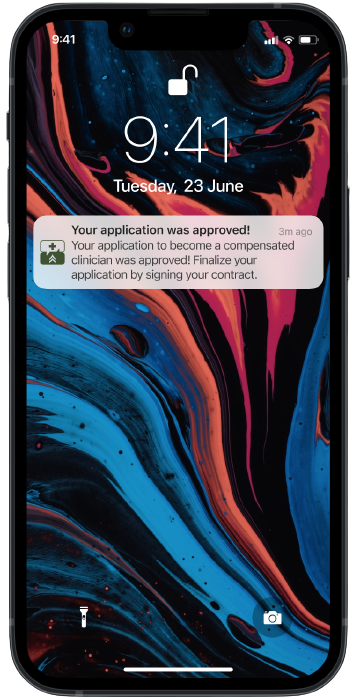 Mobile screenshot showing a notification informing application to become a Sound Off compensated clinician was approved