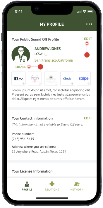 Mobile screenshot showing Sound Off compensated clinician profile dashboard