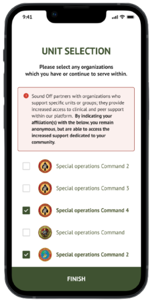 Screenshot showing the unit selection screen at Sound Off app